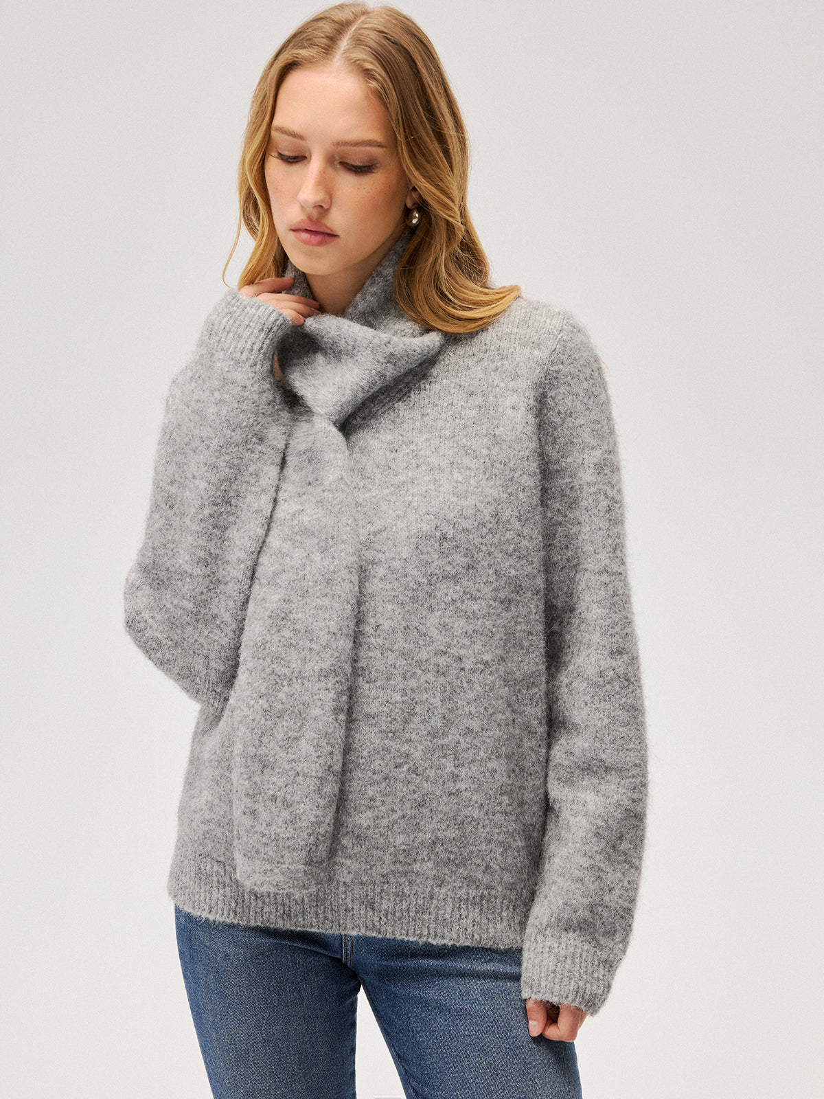 Wool-Blend Scarf-Attached Sweater for Cozy Warmth