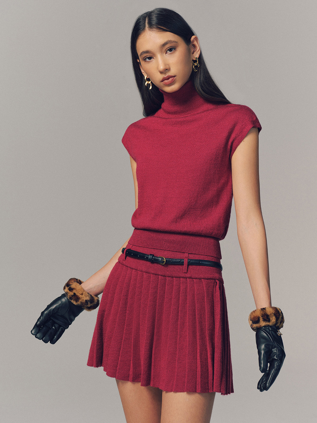 Turtleneck Top & Pleated Mini Skirt Set with Belt - Trendy Women's Fashion Outfit
