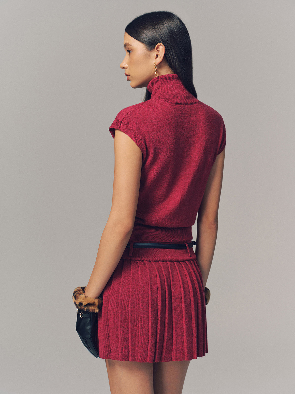 Turtleneck Top & Pleated Mini Skirt Set with Belt - Trendy Women's Fashion Outfit