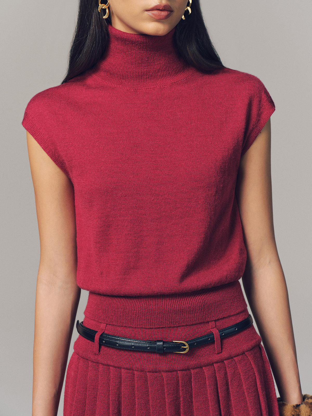 Turtleneck Top & Pleated Mini Skirt Set with Belt - Trendy Women's Fashion Outfit