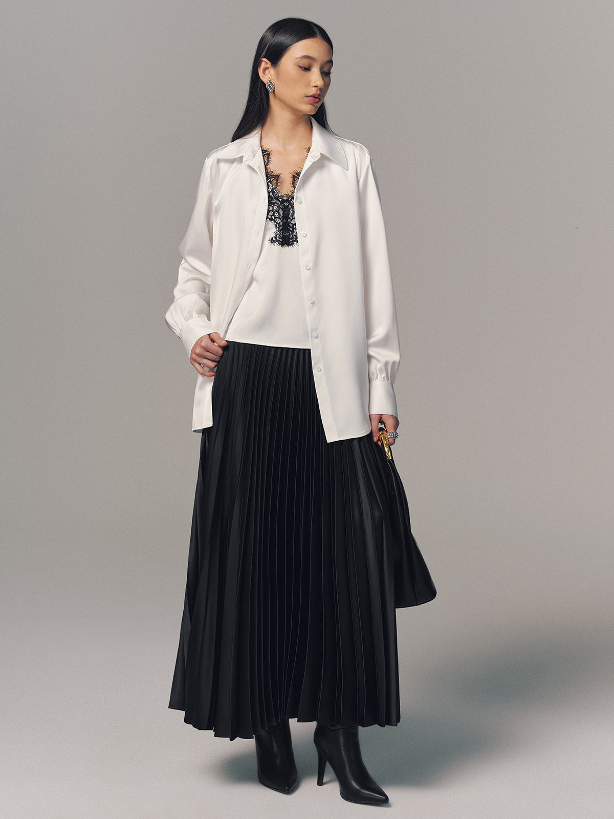 2 in 1 Contrast Lace Satin Shirt - Elegant Casual Day-to-Night Top