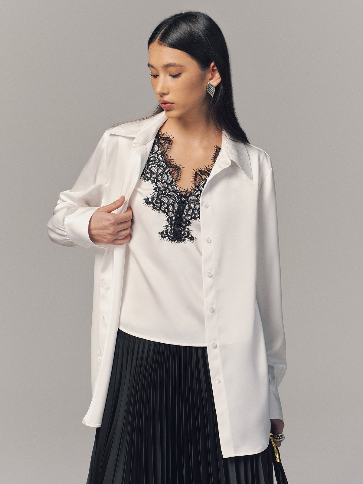 2 in 1 Contrast Lace Satin Shirt - Elegant Casual Day-to-Night Top