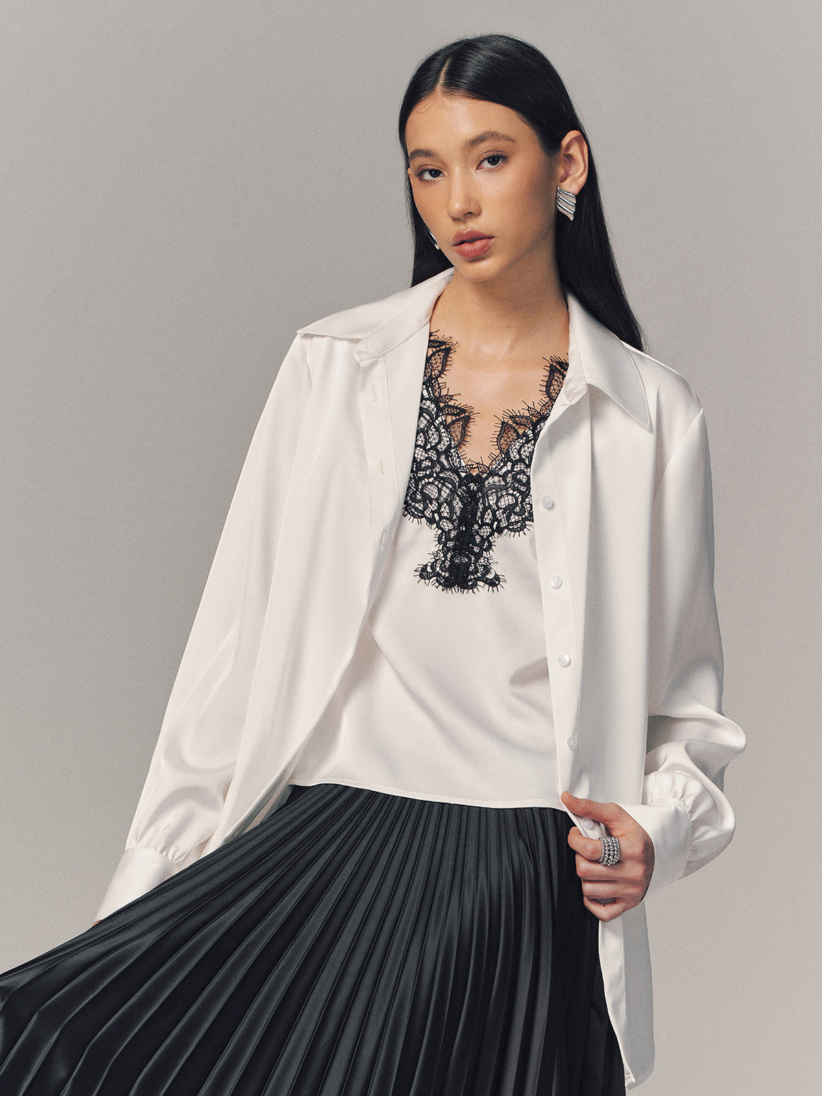 2 in 1 Contrast Lace Satin Shirt - Elegant Casual Day-to-Night Top