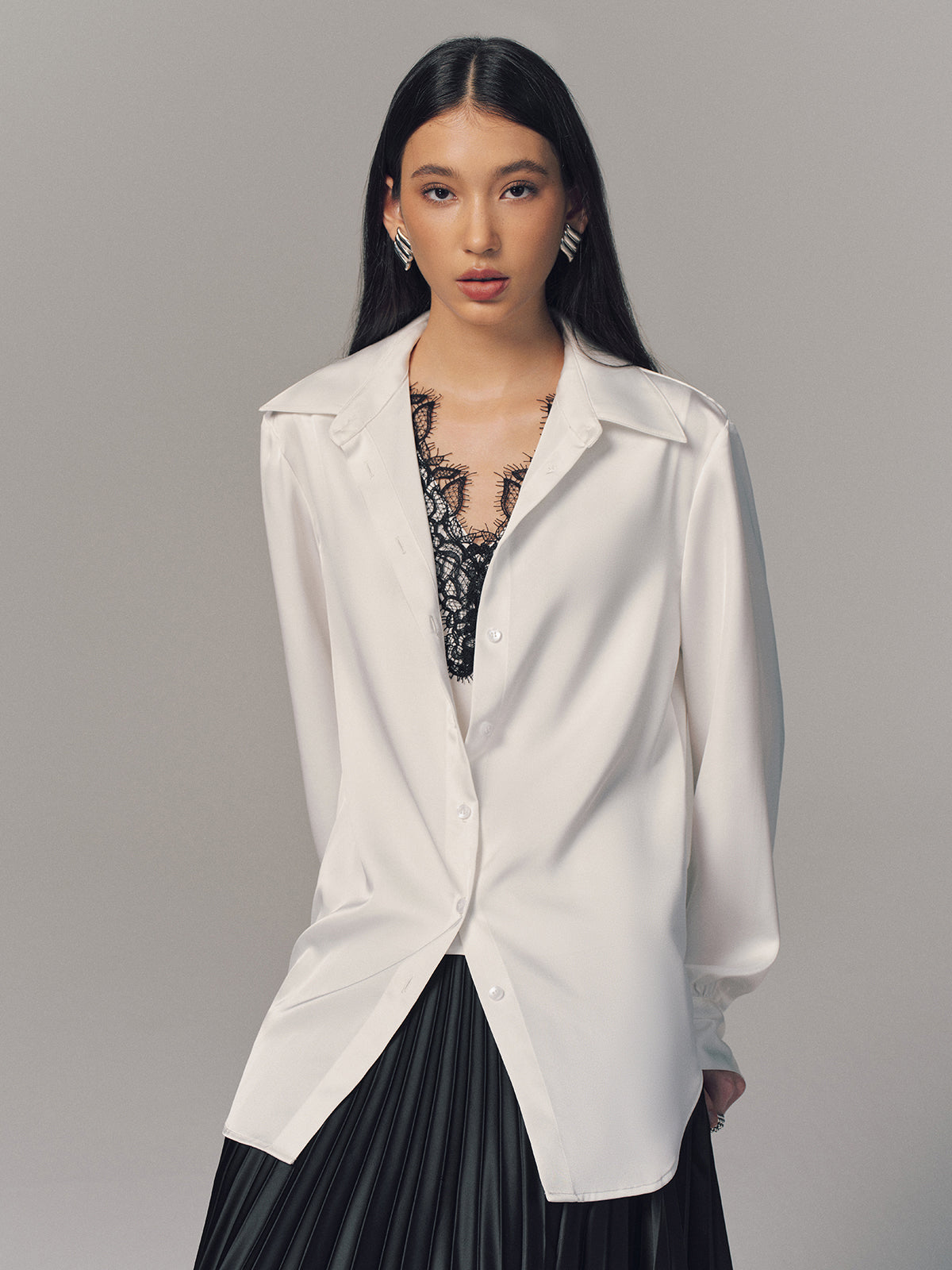 2 in 1 Contrast Lace Satin Shirt - Elegant Casual Day-to-Night Top