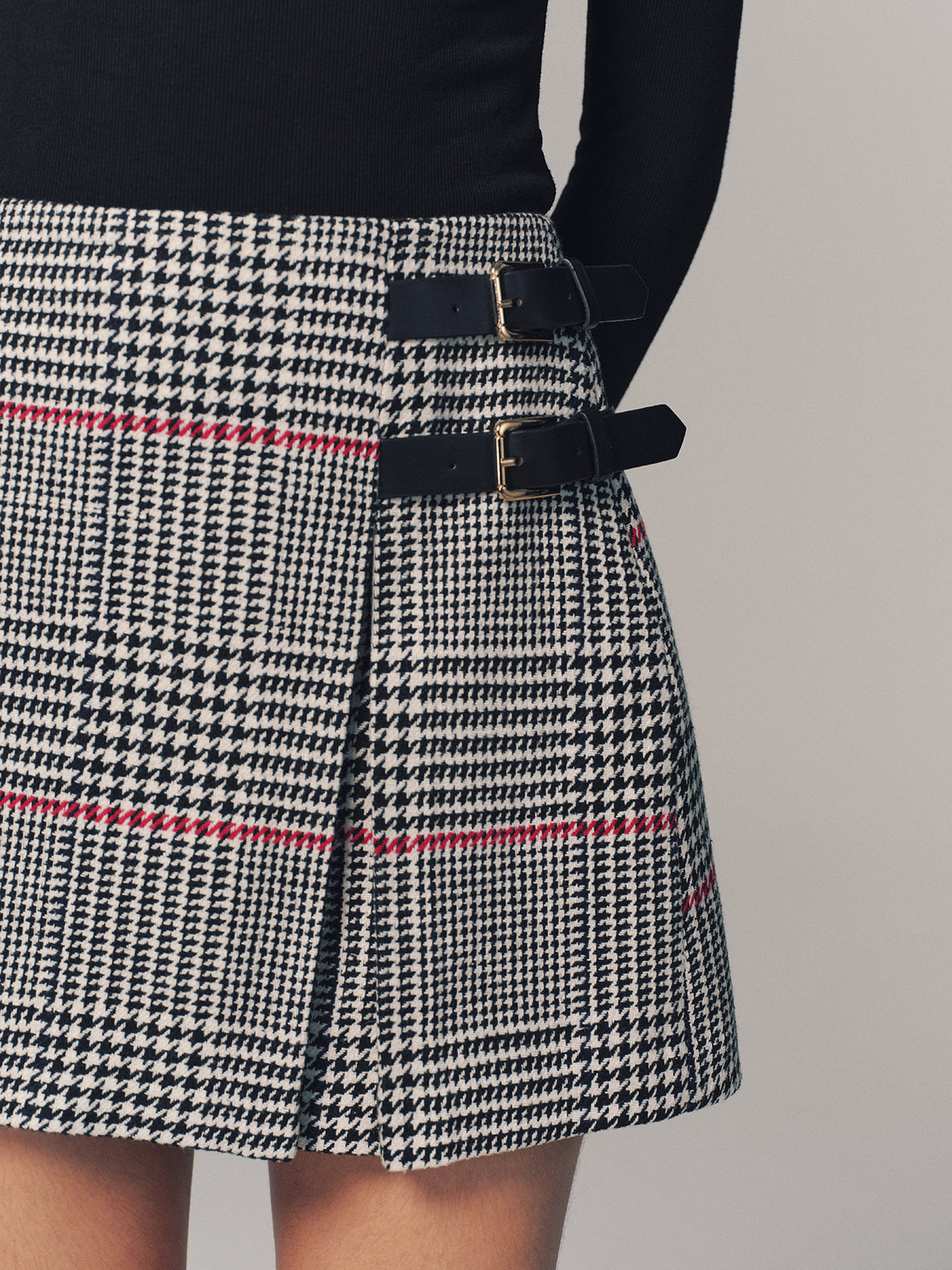 Double Belt Accent Houndstooth Mini Skirt for Women Trendy Winter Wear