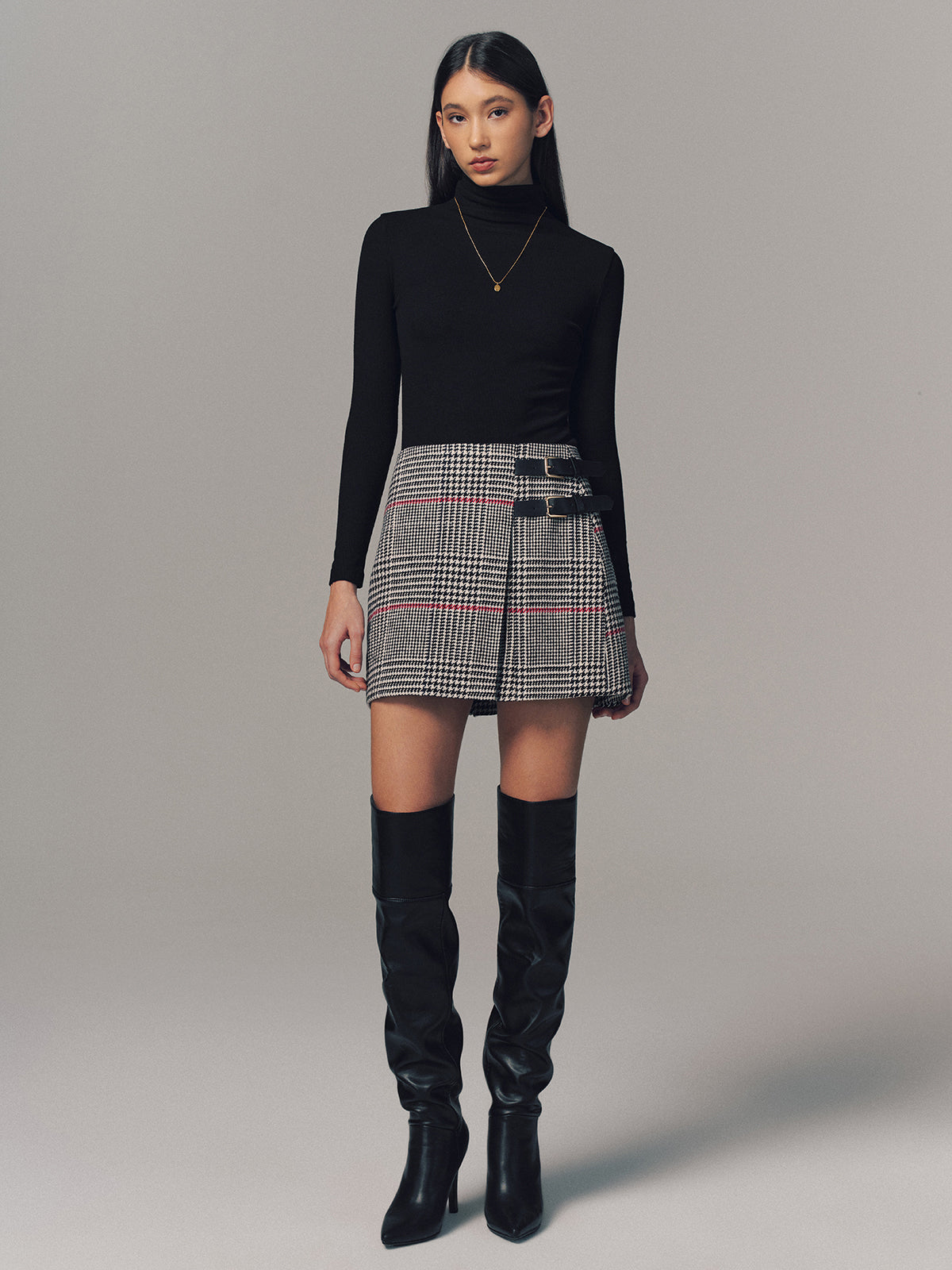 Double Belt Accent Houndstooth Mini Skirt for Women Trendy Winter Wear