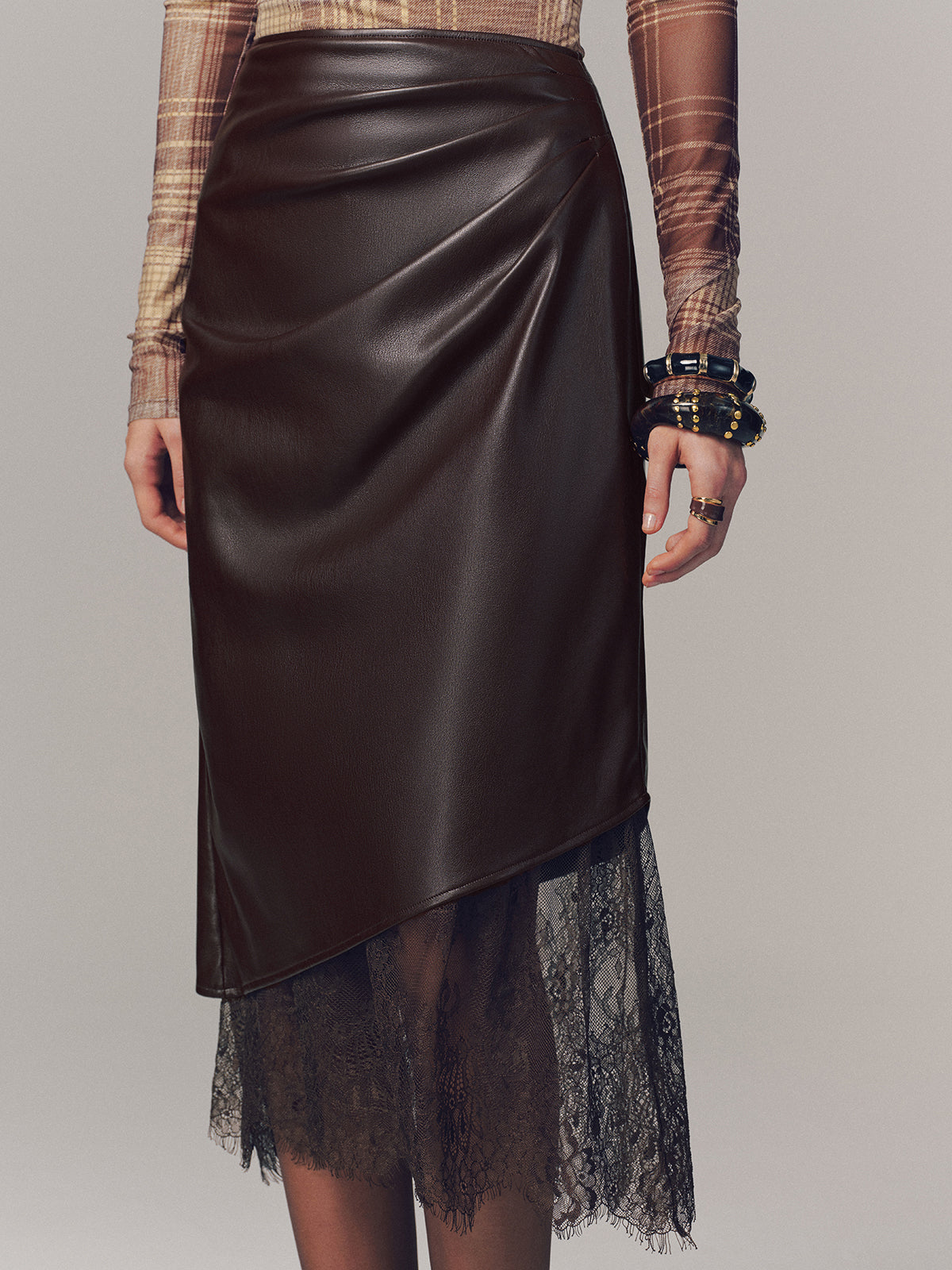 Lace Hem Faux Leather Ruched Midi Skirt High Waist Trendy Style