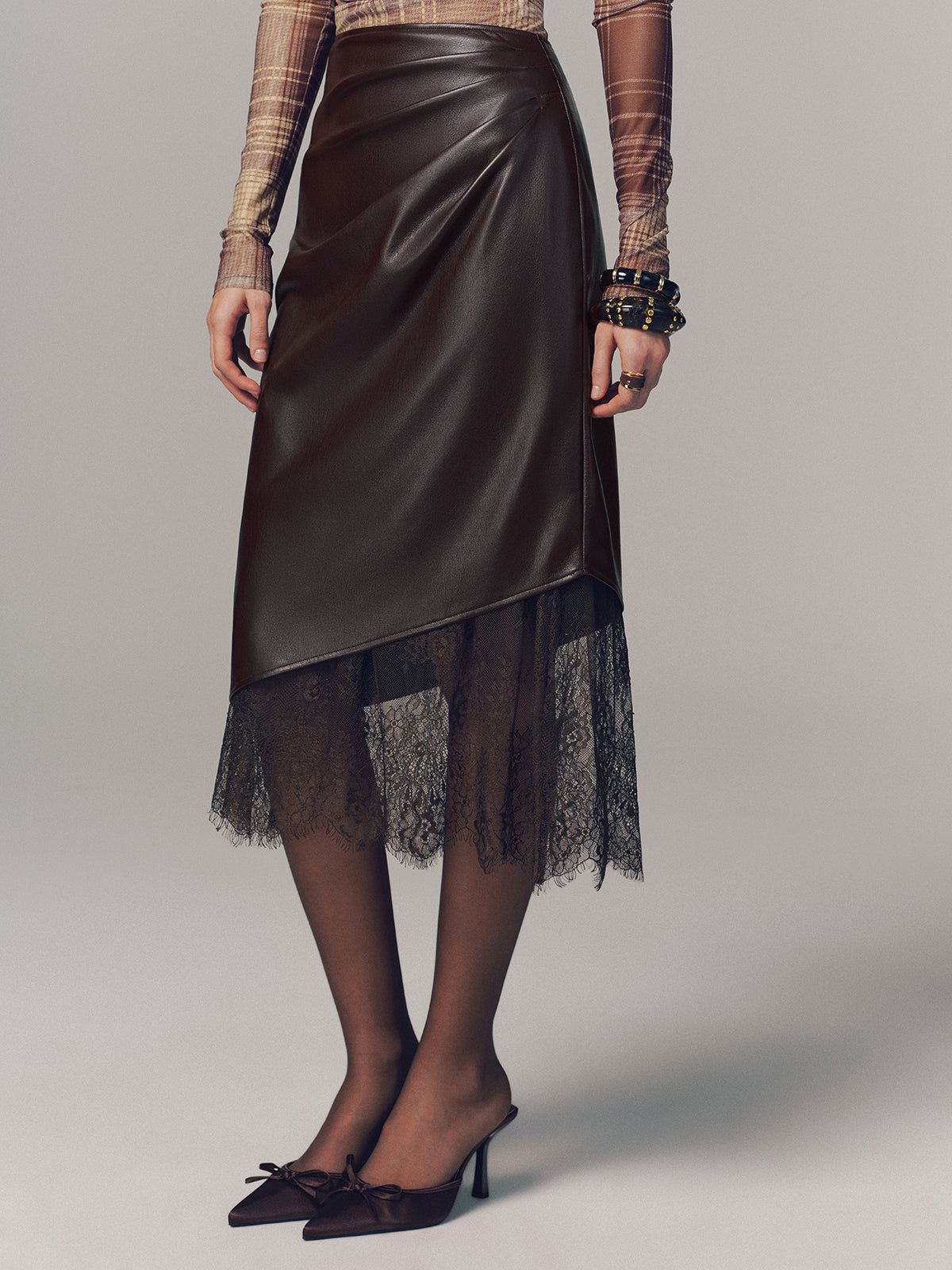 Lace Hem Faux Leather Ruched Midi Skirt High Waist Trendy Style