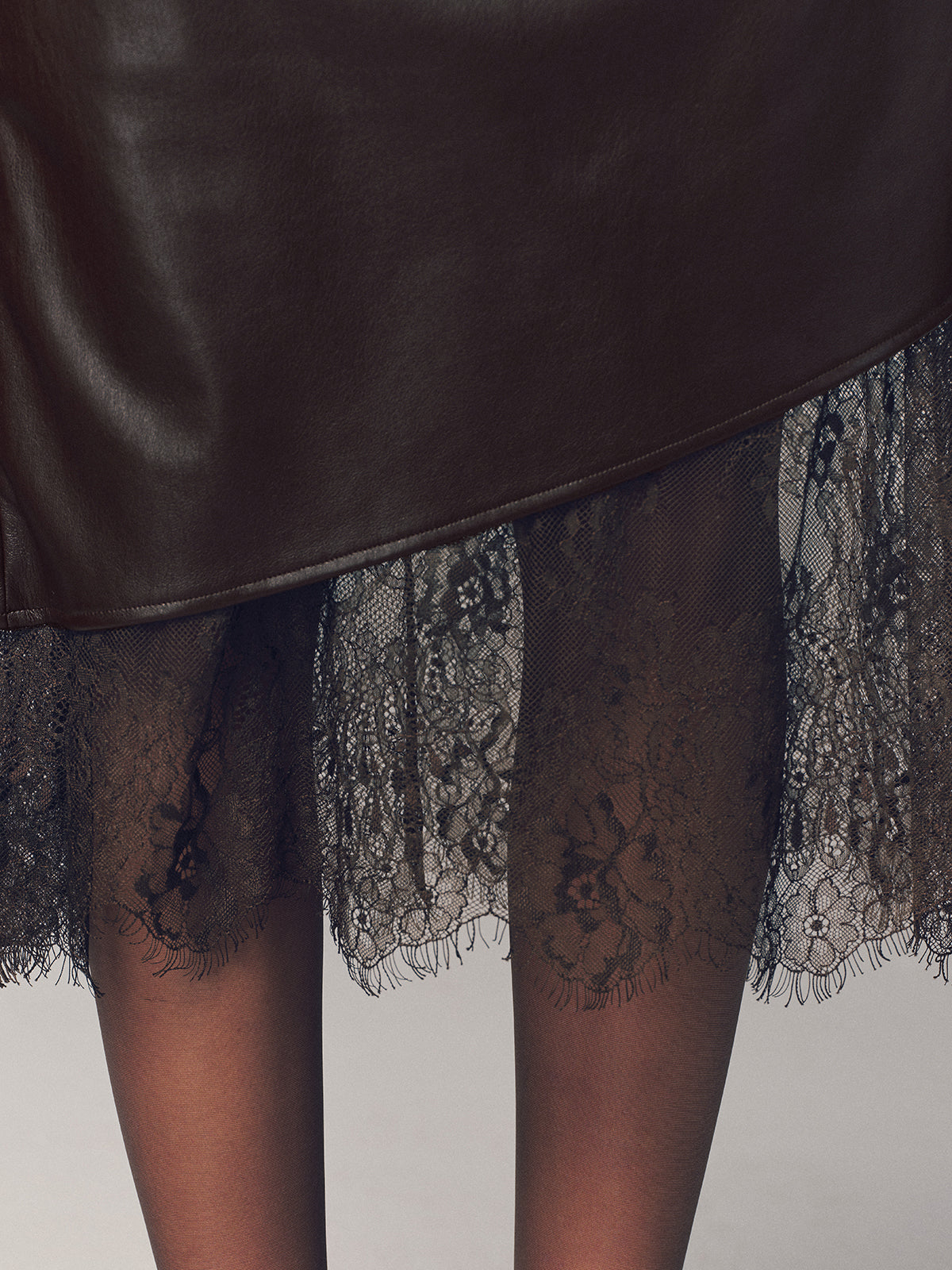 Lace Hem Faux Leather Ruched Midi Skirt High Waist Trendy Style