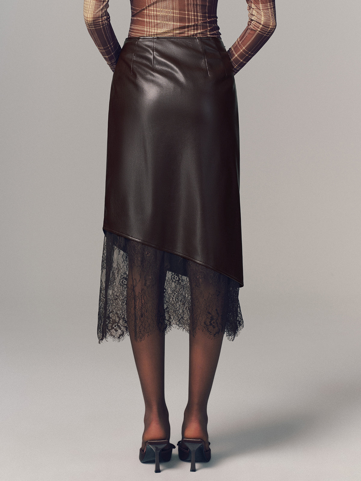 Lace Hem Faux Leather Ruched Midi Skirt High Waist Trendy Style