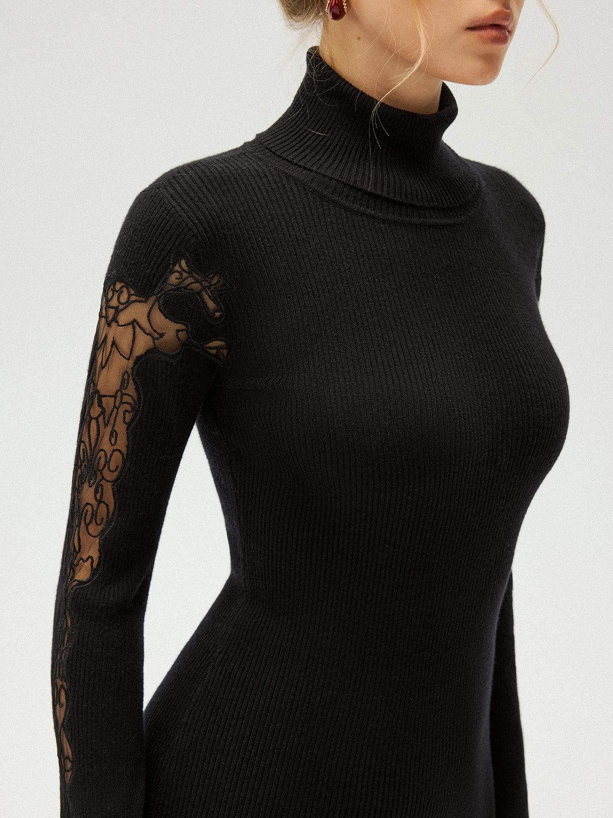 Lace Panel Turtleneck Ribbed Knit Top Women's Long Sleeve Sweater
