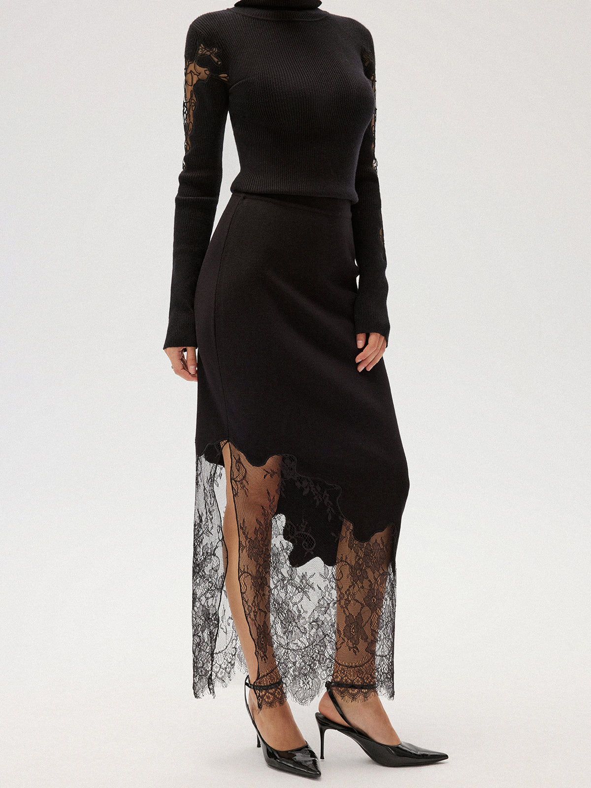 Lace Panel Asymmetric Midi Skirt with Flowy Elegant Design