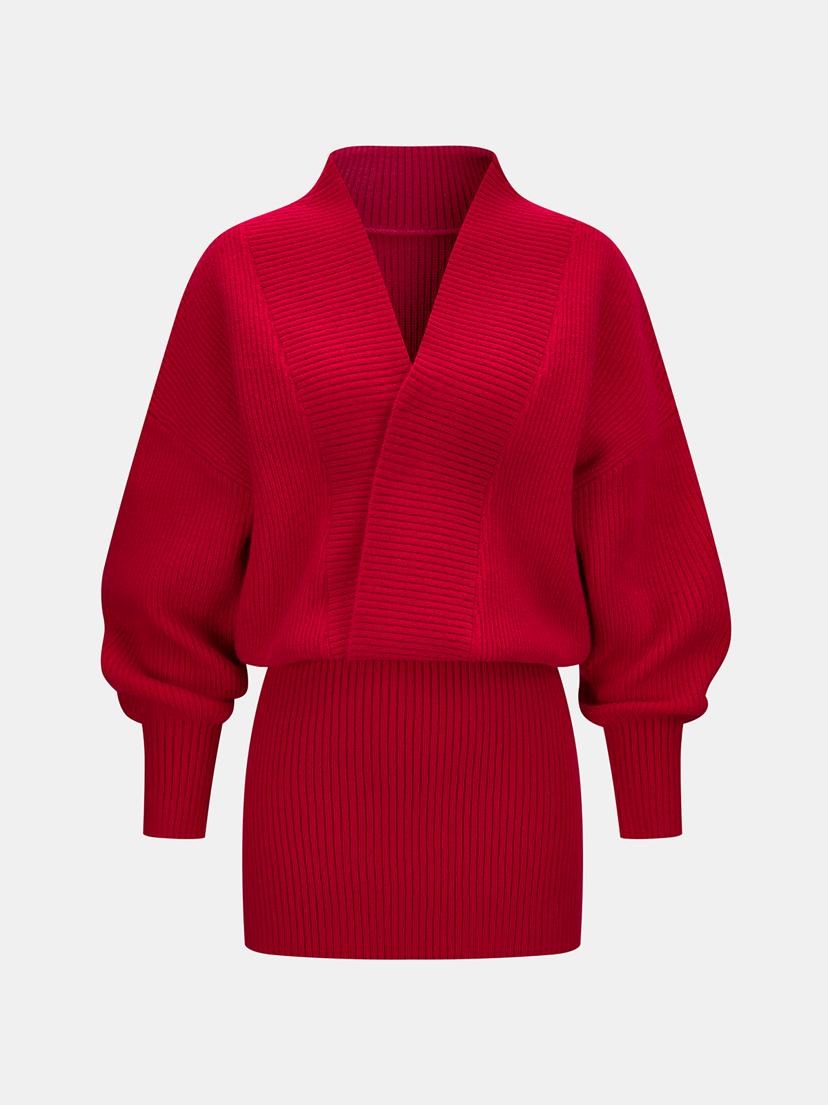 Wrap V-Neck Ribbed Knit Mini Dress with Long Sleeves and Belt