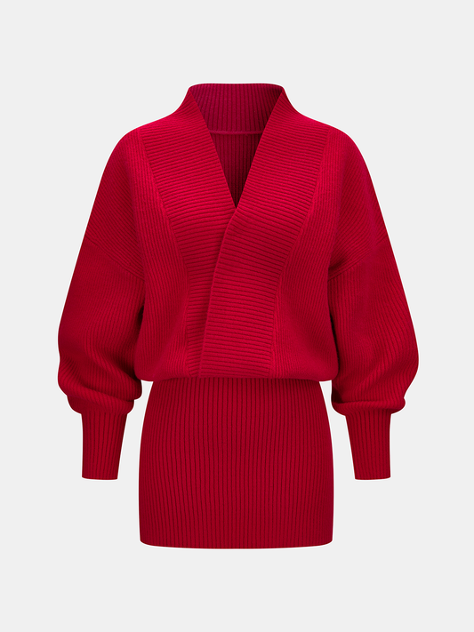 Wrap V-Neck Ribbed Knit Mini Dress with Long Sleeves and Belt