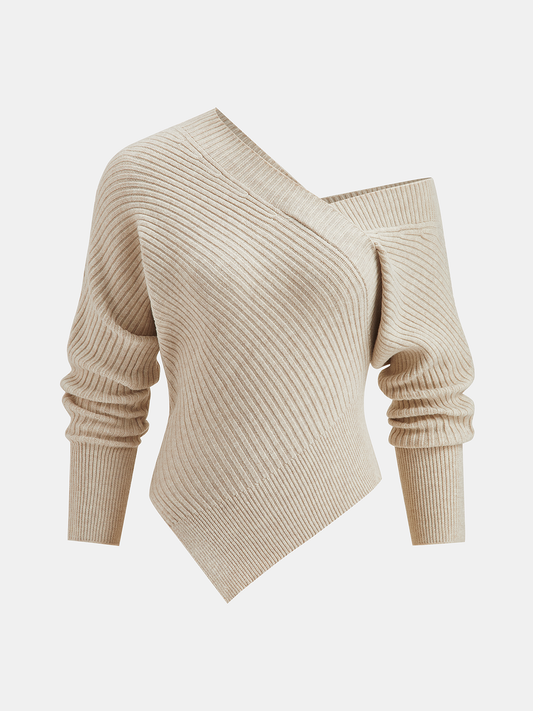Asymmetric Neck Ribbed Knit Sweater Cozy Winter Fashion Essentials