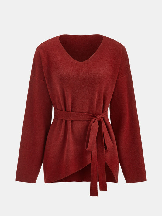 V-Neck Belted Sweater - Cozy Winter Knitwear Essentials