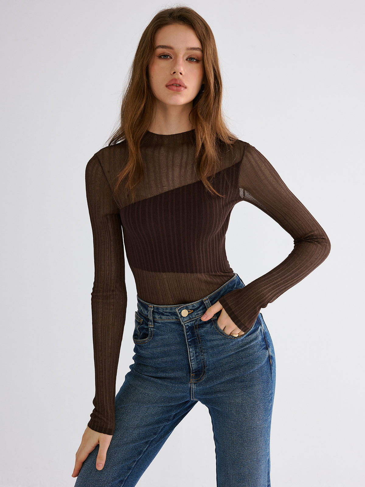 Mock Neck Contrast Mesh Top with Sheer Sleeves for Women