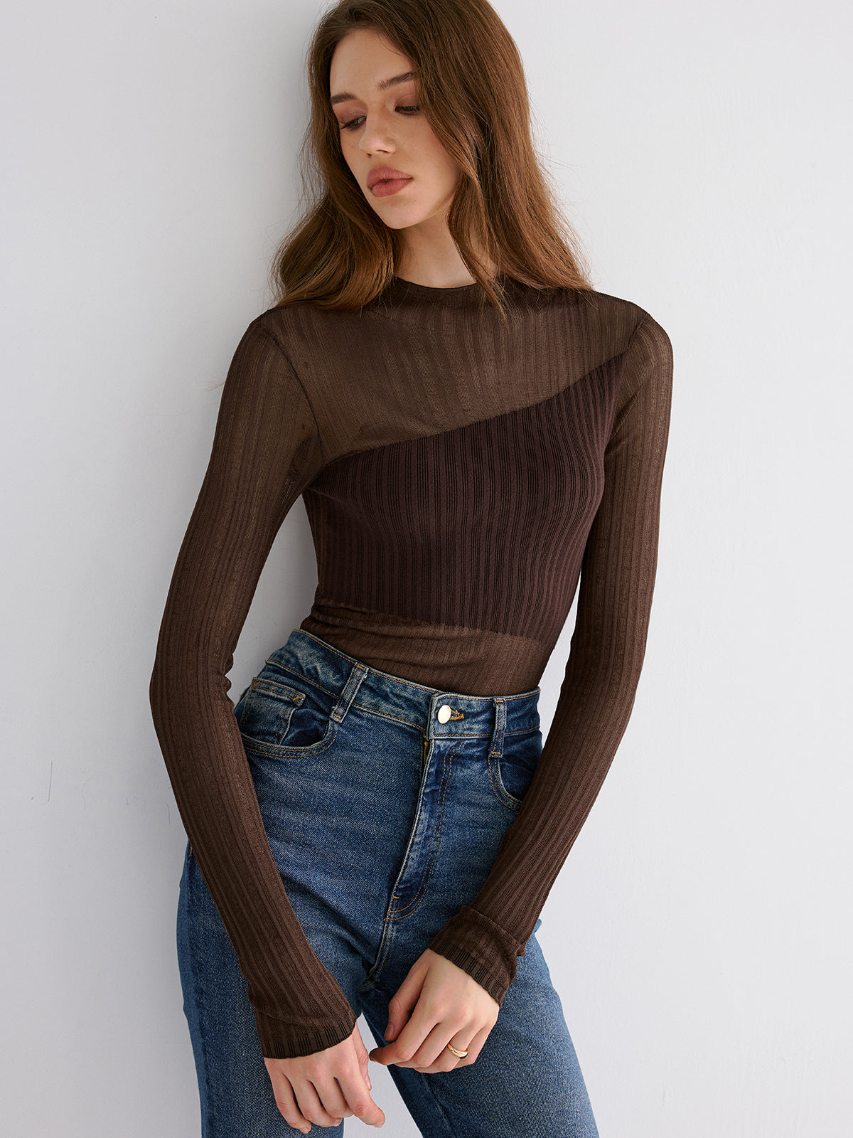 Mock Neck Contrast Mesh Top with Sheer Sleeves for Women
