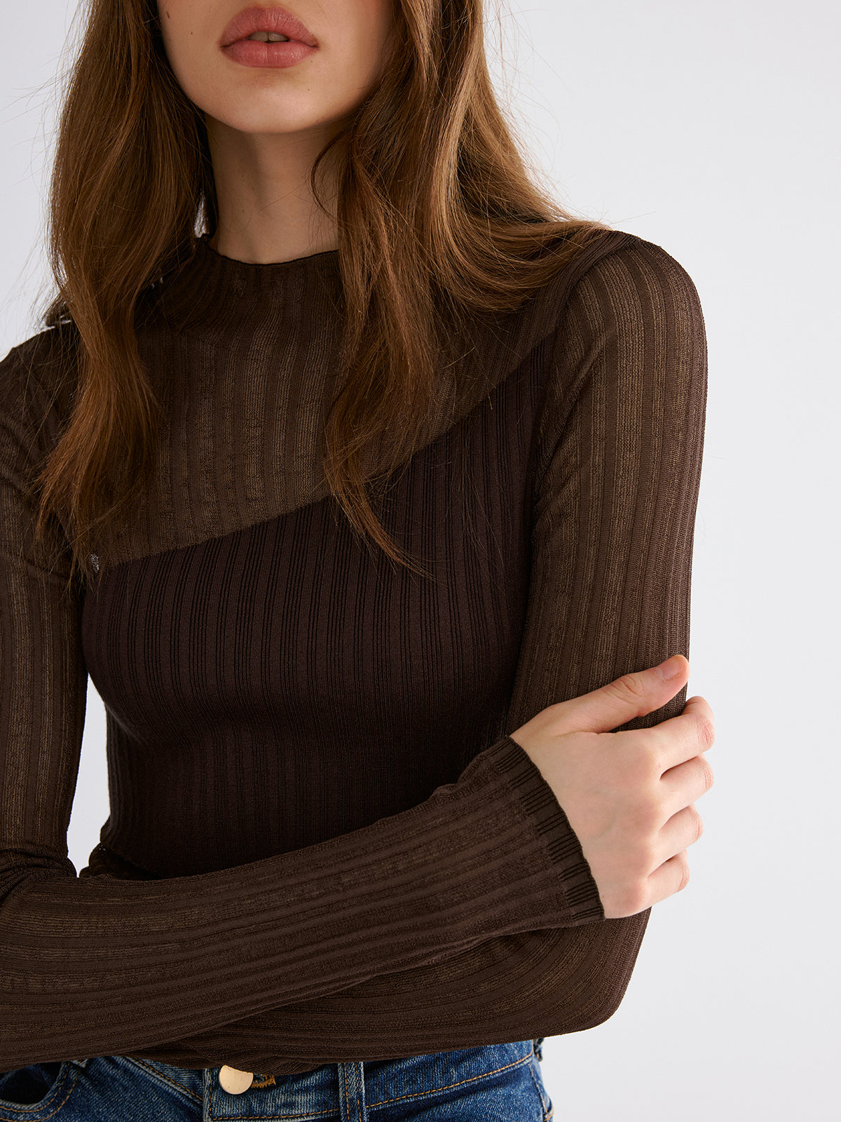 Mock Neck Contrast Mesh Top with Sheer Sleeves for Women