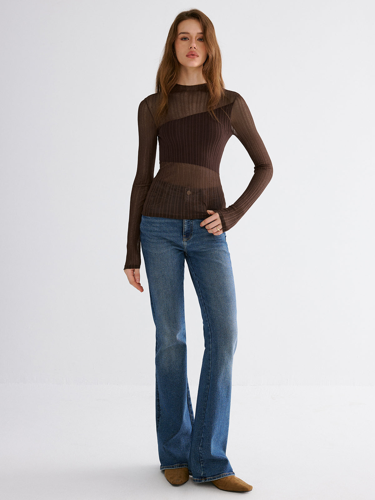 Mock Neck Contrast Mesh Top with Sheer Sleeves for Women