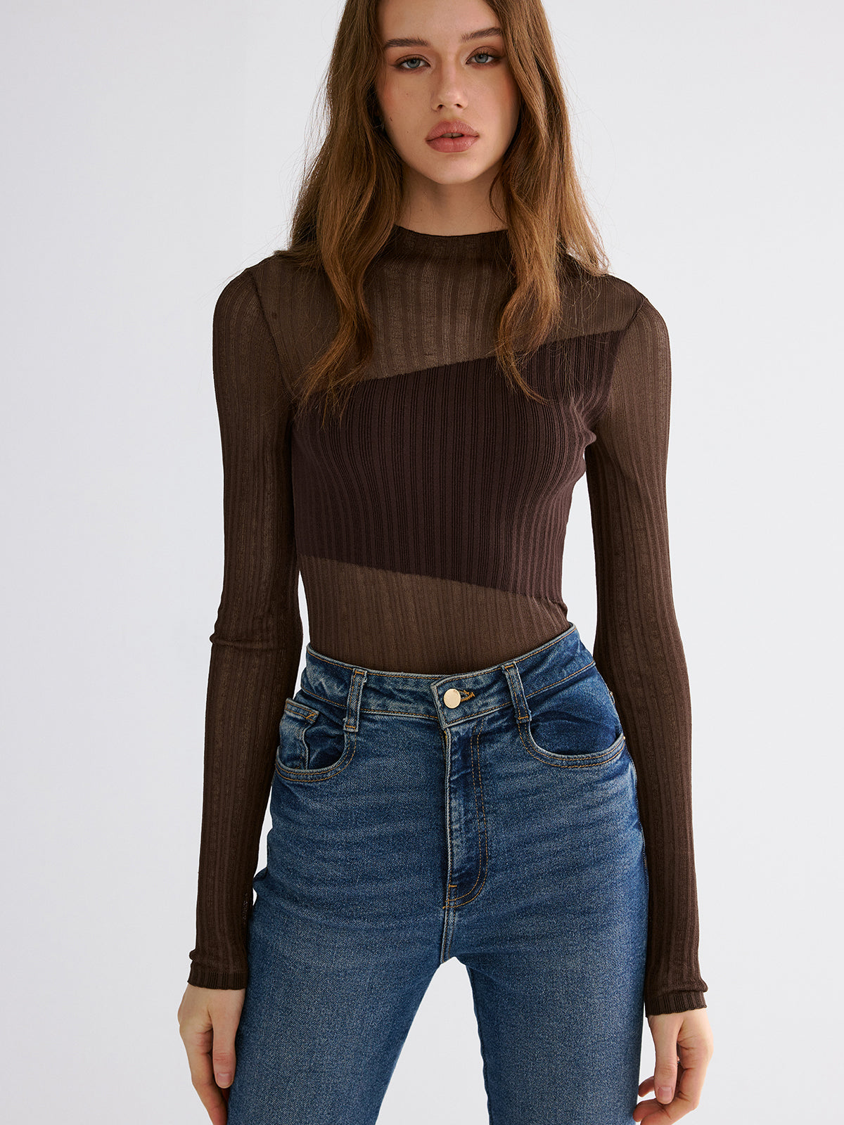 Mock Neck Contrast Mesh Top with Sheer Sleeves for Women