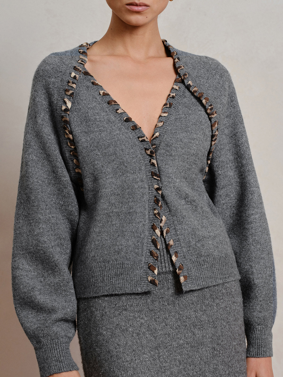 Lace-Up Trim V-Neck Cardigan with Long Sleeves