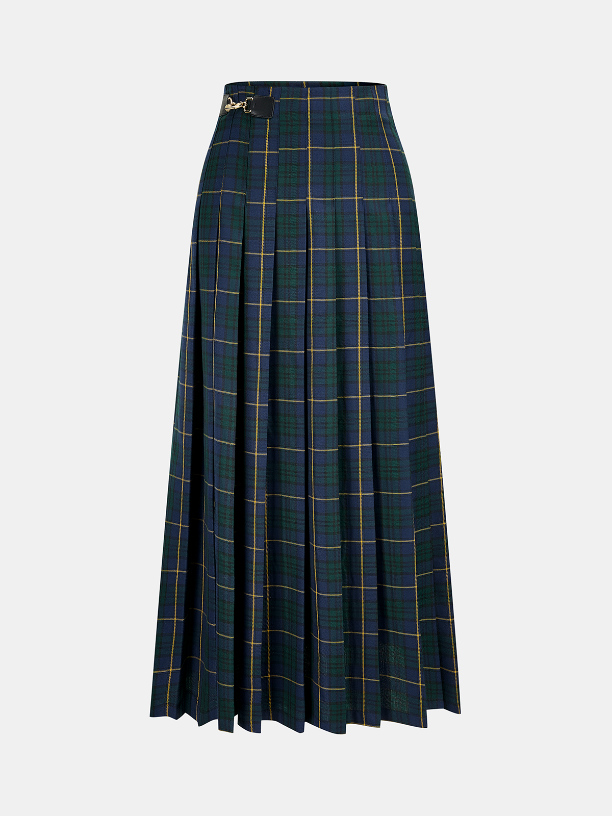 Pleated Plaid Buckle Maxi Skirt with Adjustable Waistband