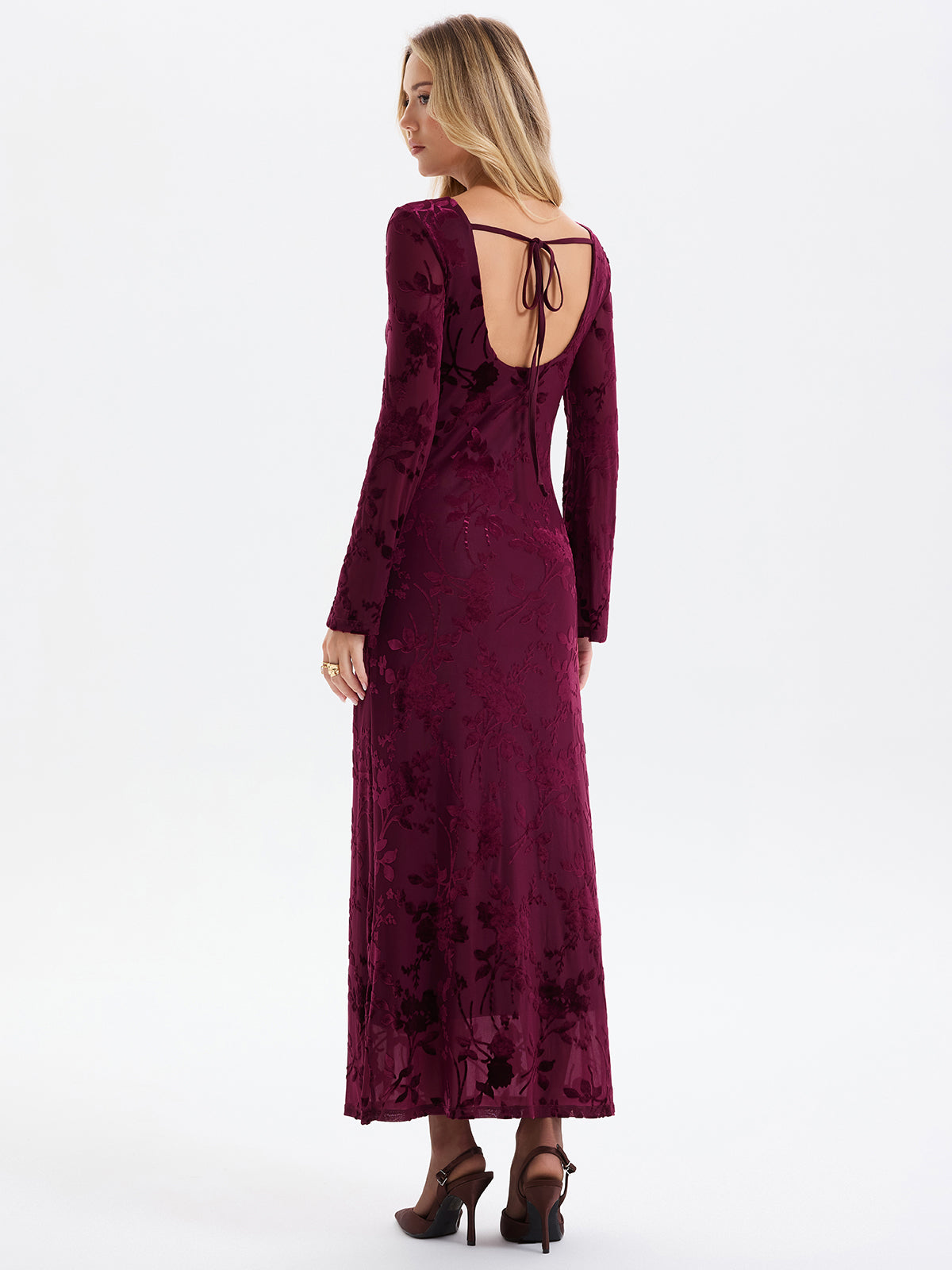 Floral-Jacquard Backless Maxi Dress for Women with Elegant Evening Design