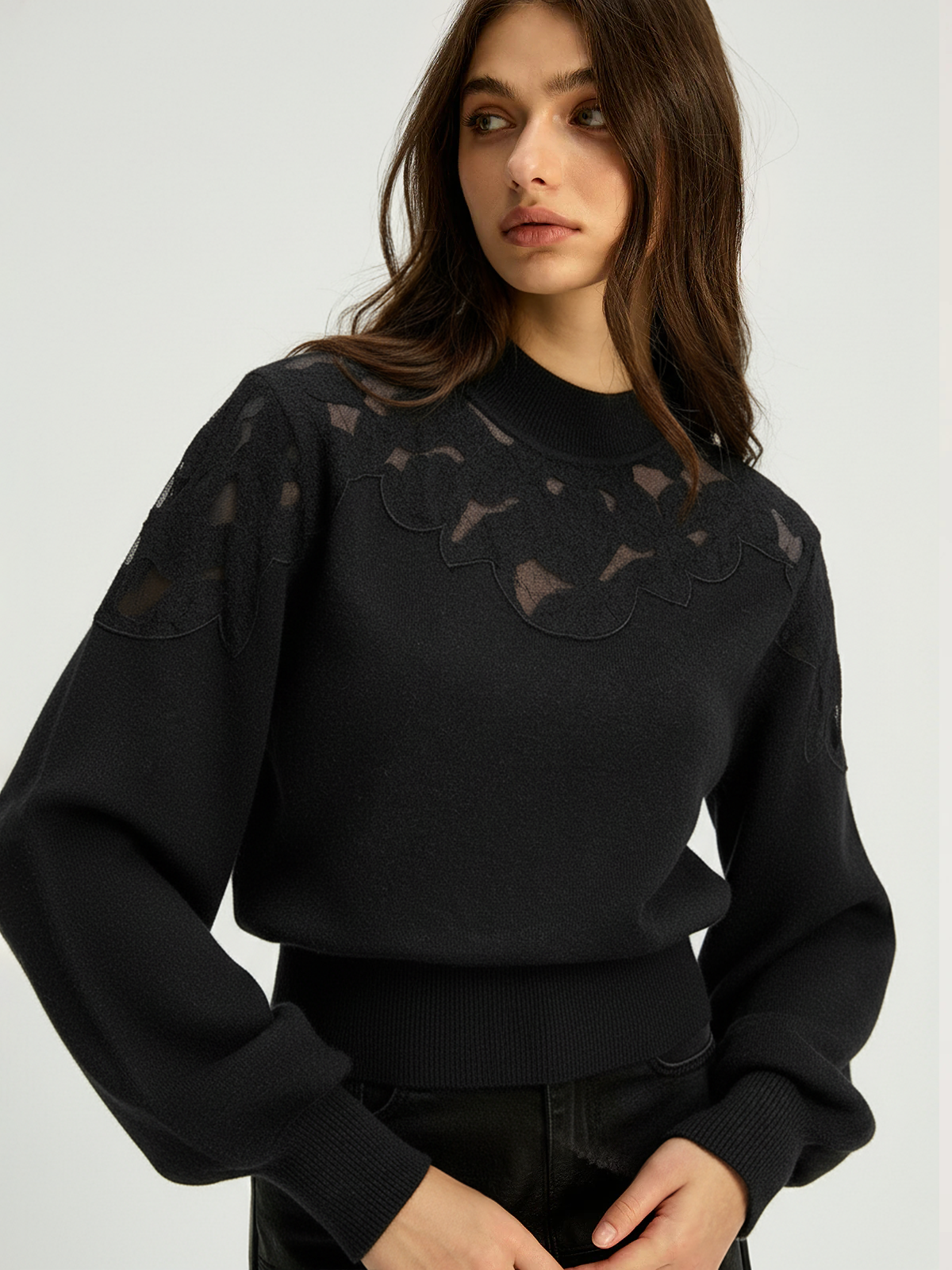 Mock Neck Lace Panel Sweater with Elegant Long Sleeves