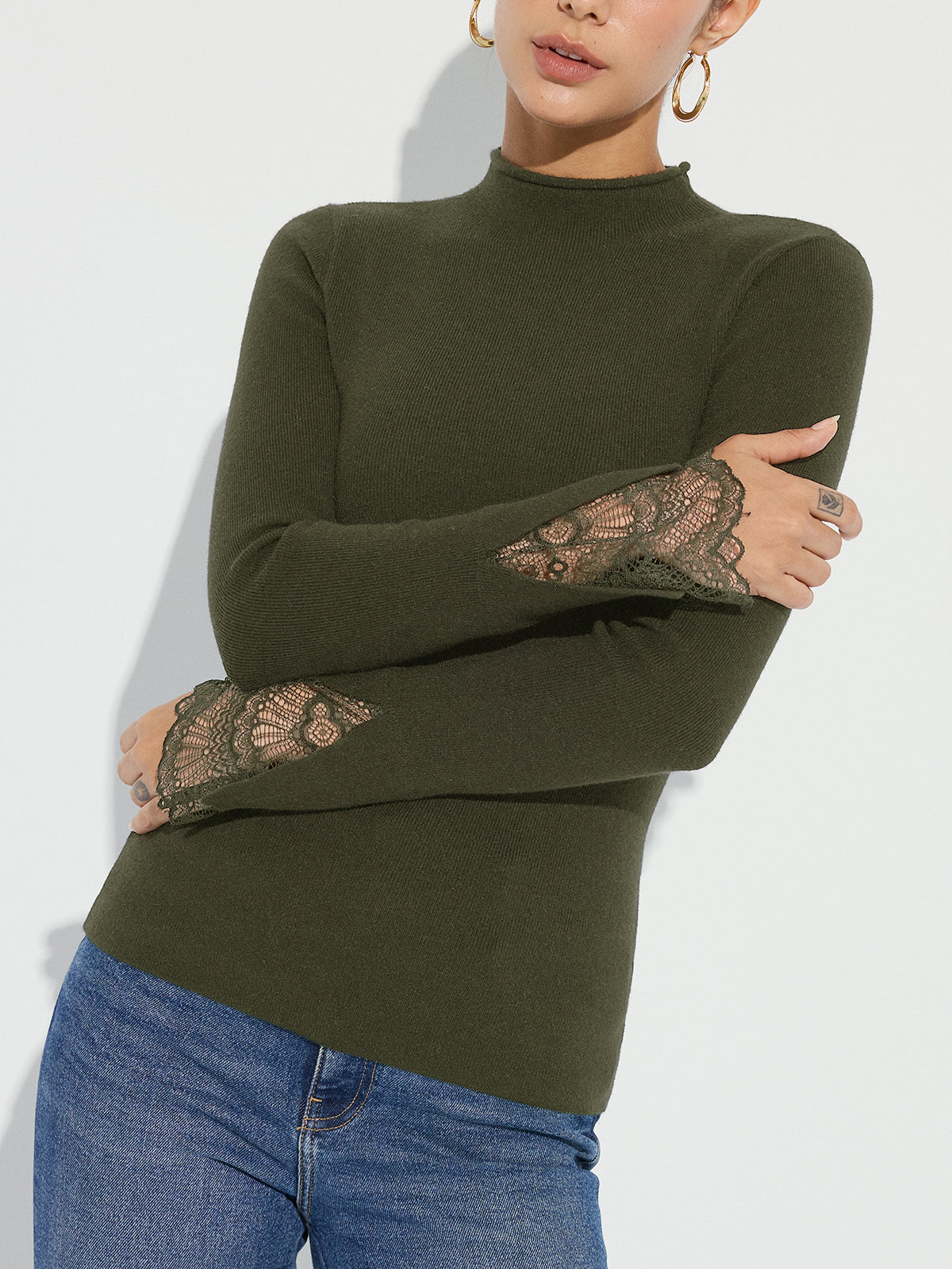 Mock Neck Lace Cuff Knit Top Cozy Long Sleeve Pullover