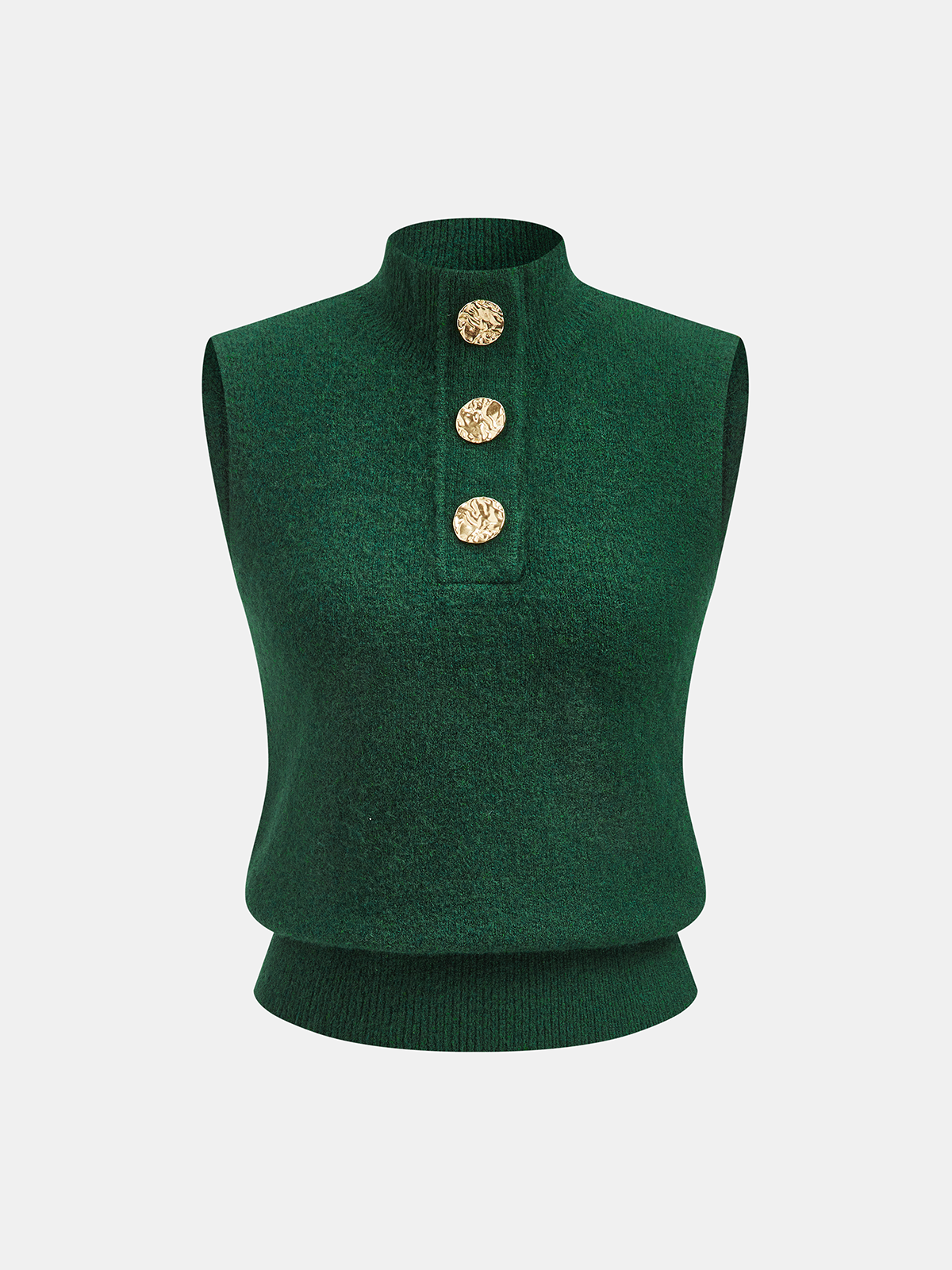 Metal Detail Mock Neck Wool Blend Vest with Button Accents and Tailored Fit