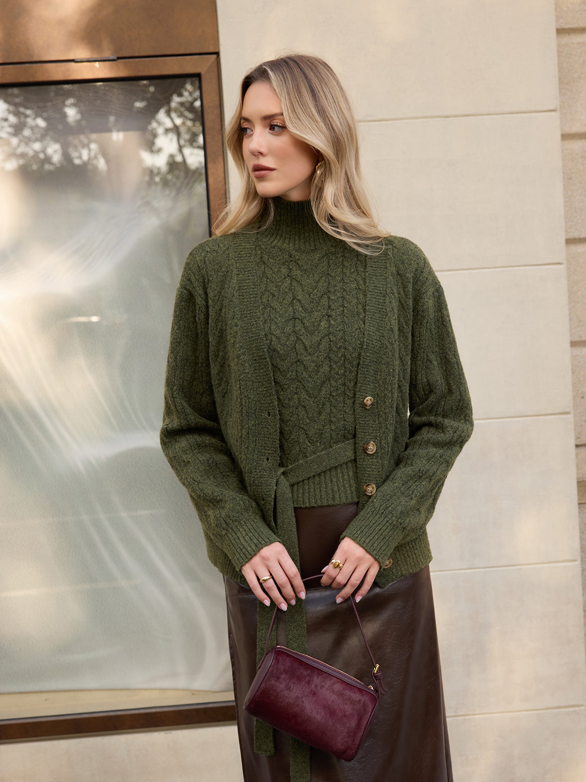 Turtleneck Cable Knit Top & Cardigan Two-Piece Set with Front Pockets