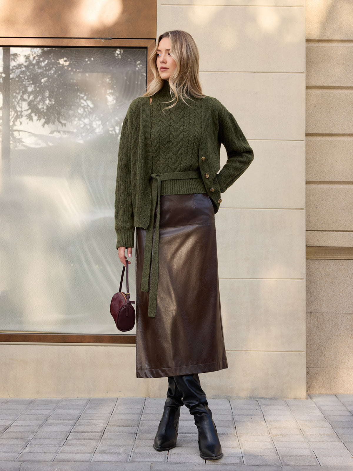 Turtleneck Cable Knit Top & Cardigan Two-Piece Set with Front Pockets