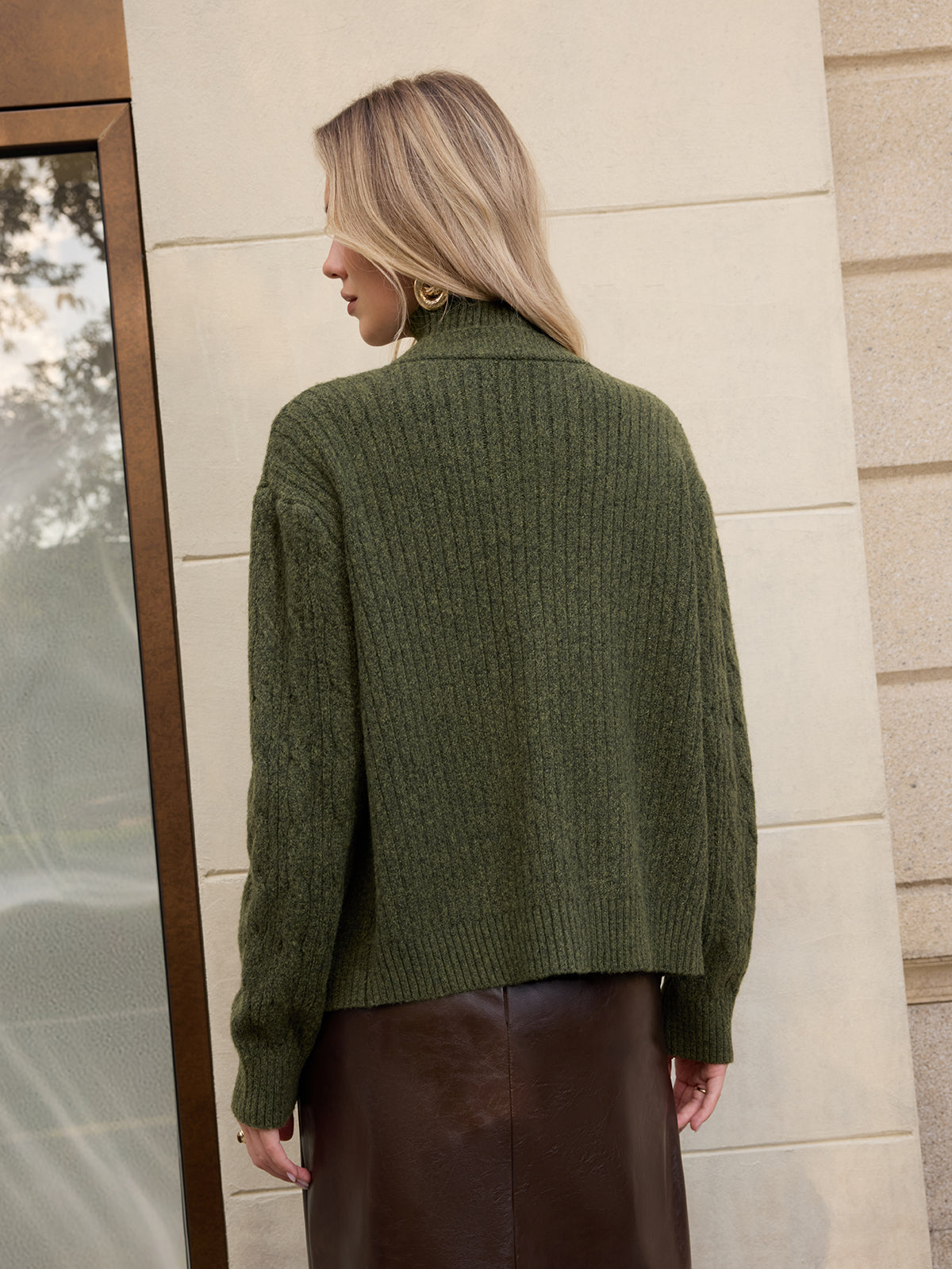 Turtleneck Cable Knit Top & Cardigan Two-Piece Set with Front Pockets