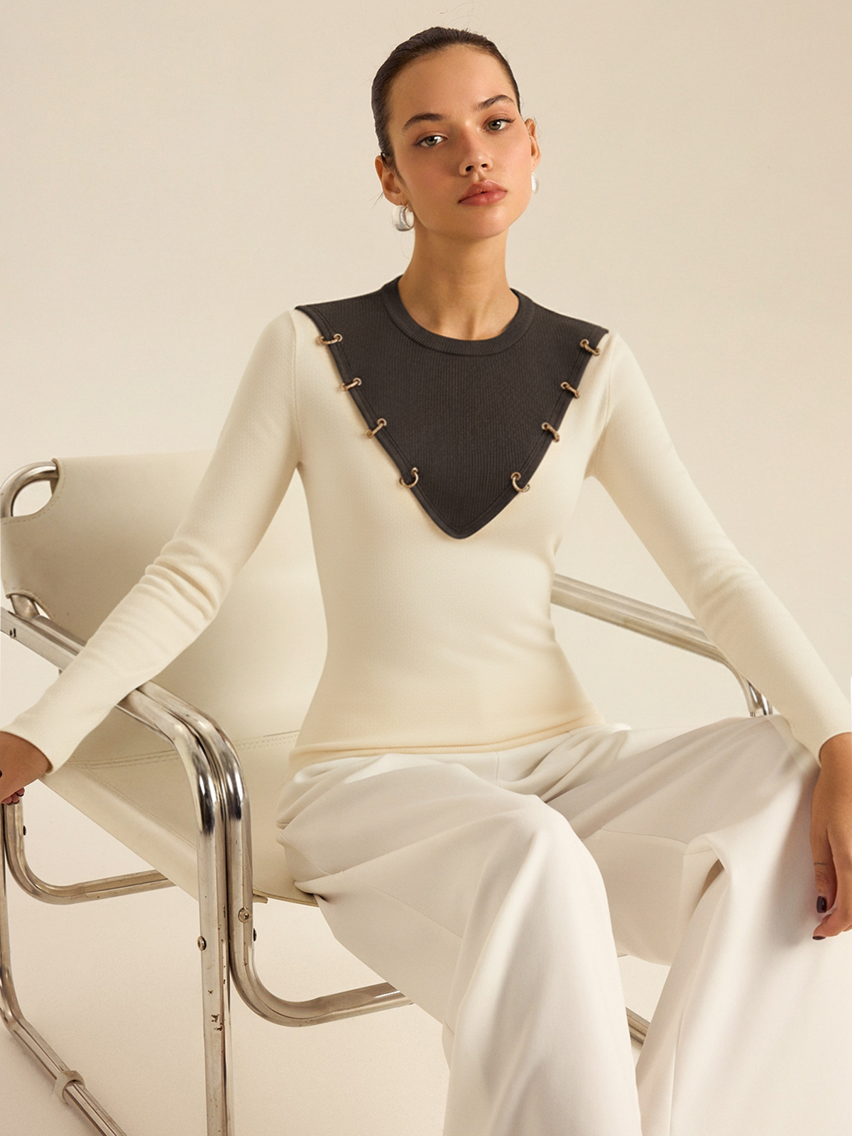 Metal Detail Color-Block Long Sleeve Knit Top, Casual Stylish Women's Fall Apparel