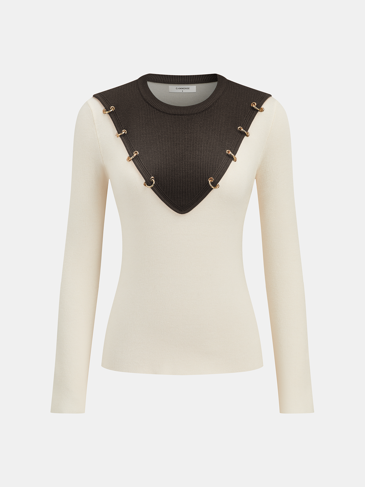 Metal Detail Color-Block Long Sleeve Knit Top, Casual Stylish Women's Fall Apparel
