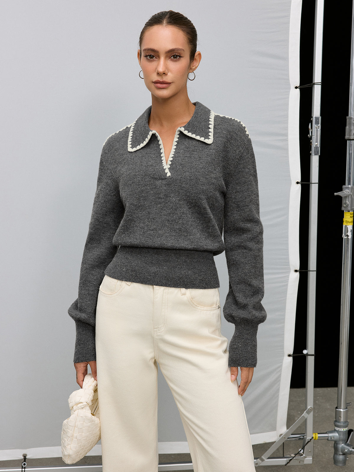 Contrast Embroidered Trim Polo Sweater for Casual Wear