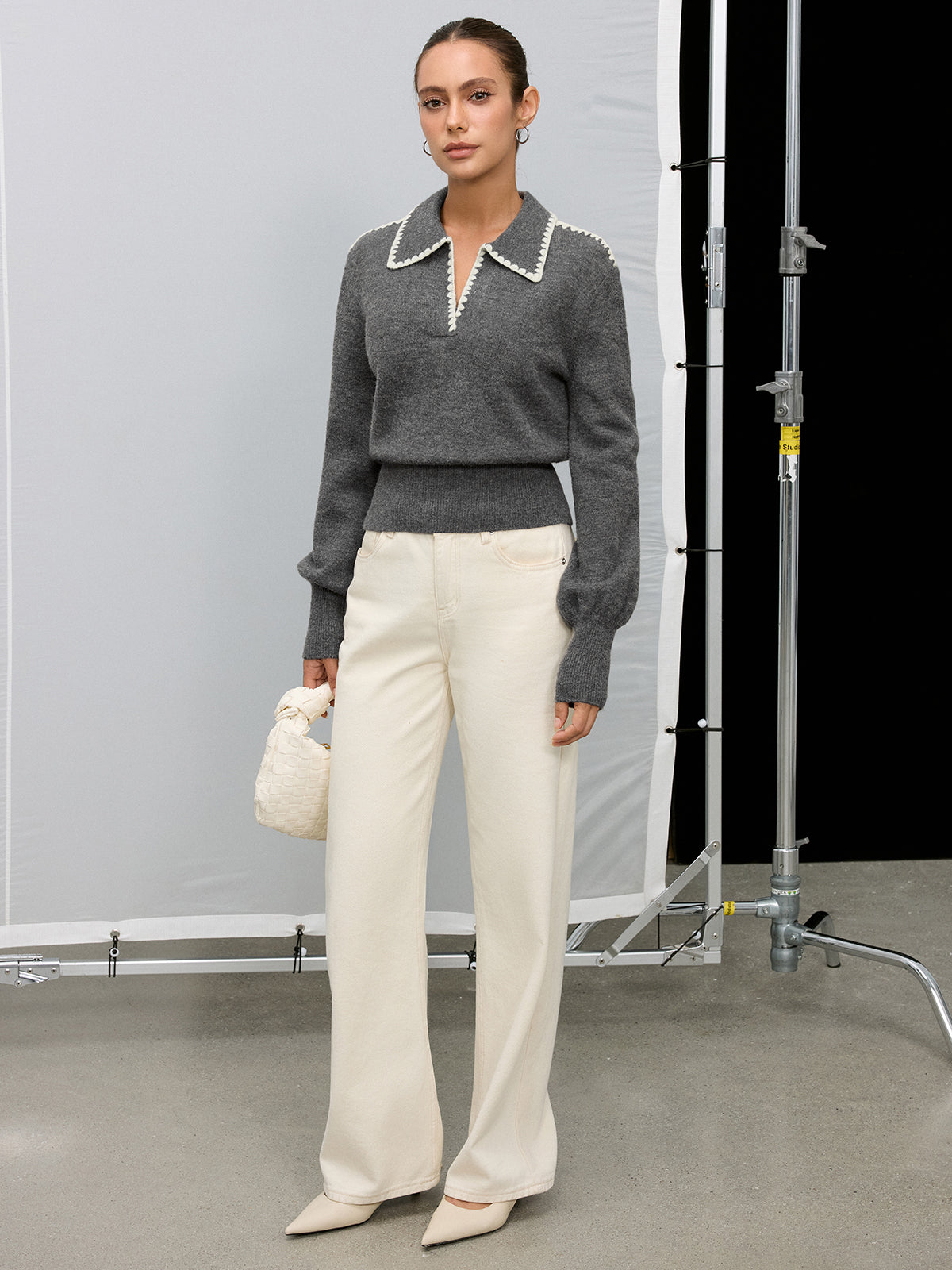 Contrast Embroidered Trim Polo Sweater for Casual Wear