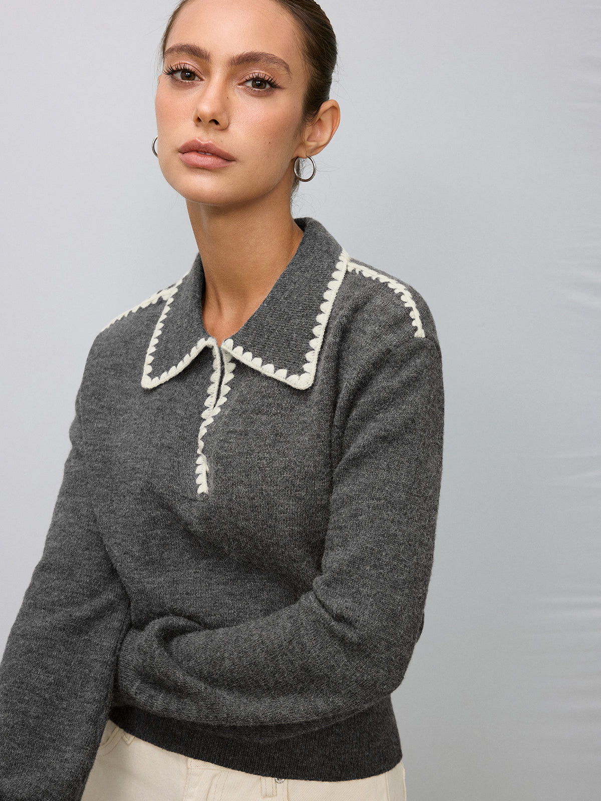 Contrast Embroidered Trim Polo Sweater for Casual Wear