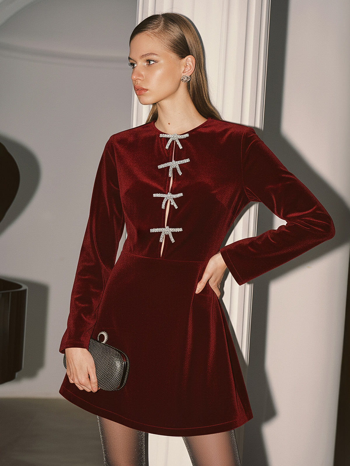 Crystal Bow Detail Velvet Mini Dress with Elegant Back Zip Closure