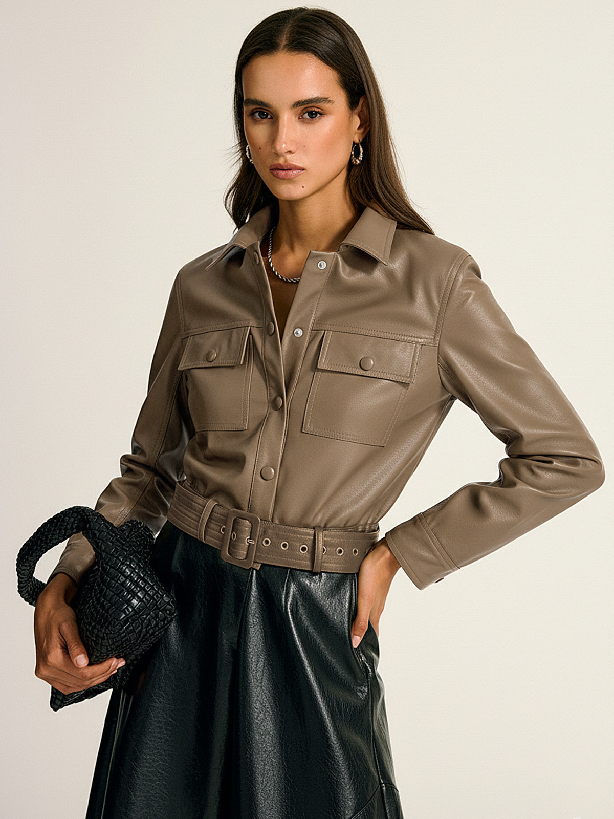 Belted PU Leather Cargo Shirt Jacket Trendy Functional Outerwear
