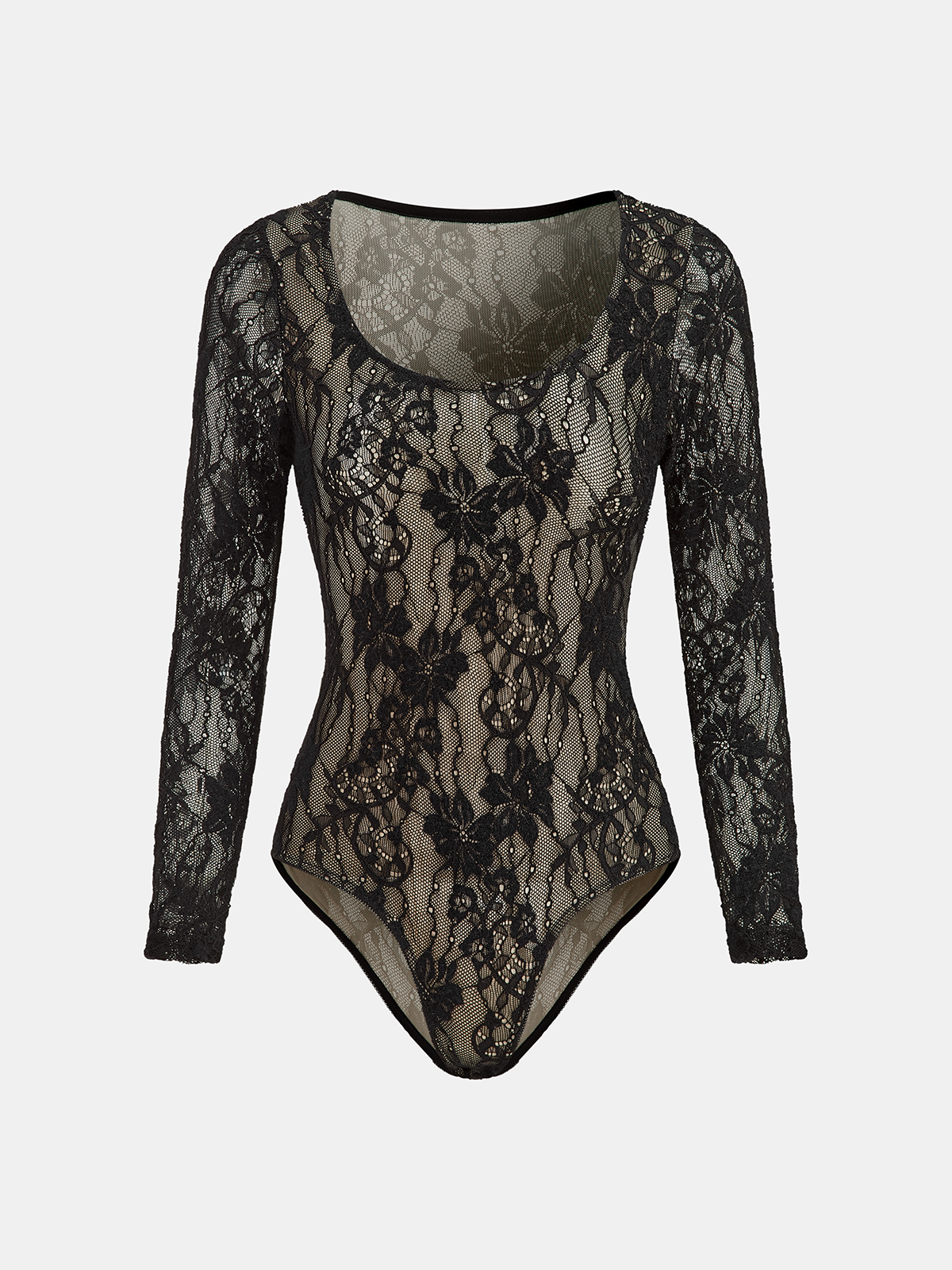 Floral Lace Long-Sleeve Bodysuit for Women, Elegant Stretchy Lingerie
