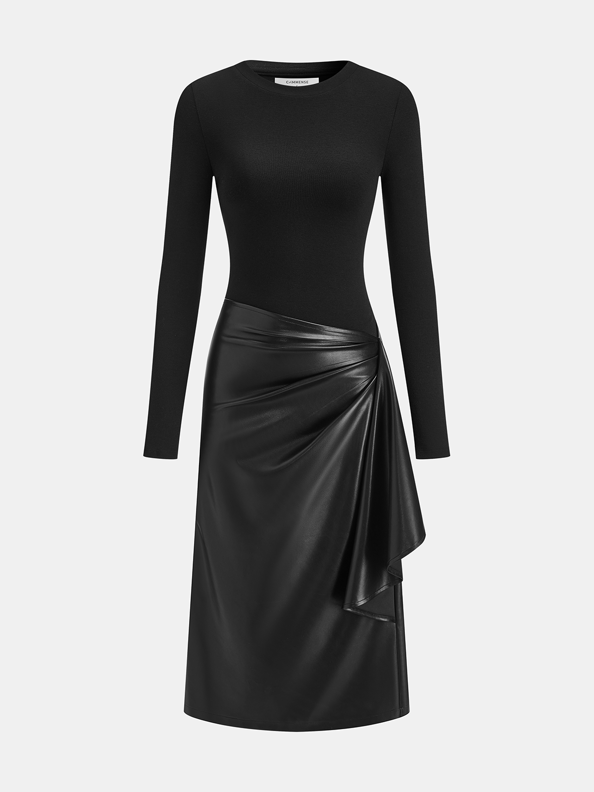 Knit & Faux Leather Panel Asymmetric Maxi Dress for Women's Fashion