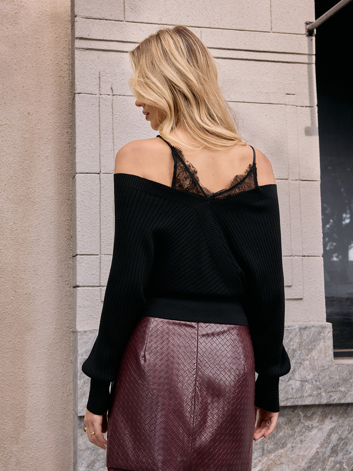Wool-Blend Lace Panel Batwing-Sleeve Sweater for Women Cozy Fall Fashion