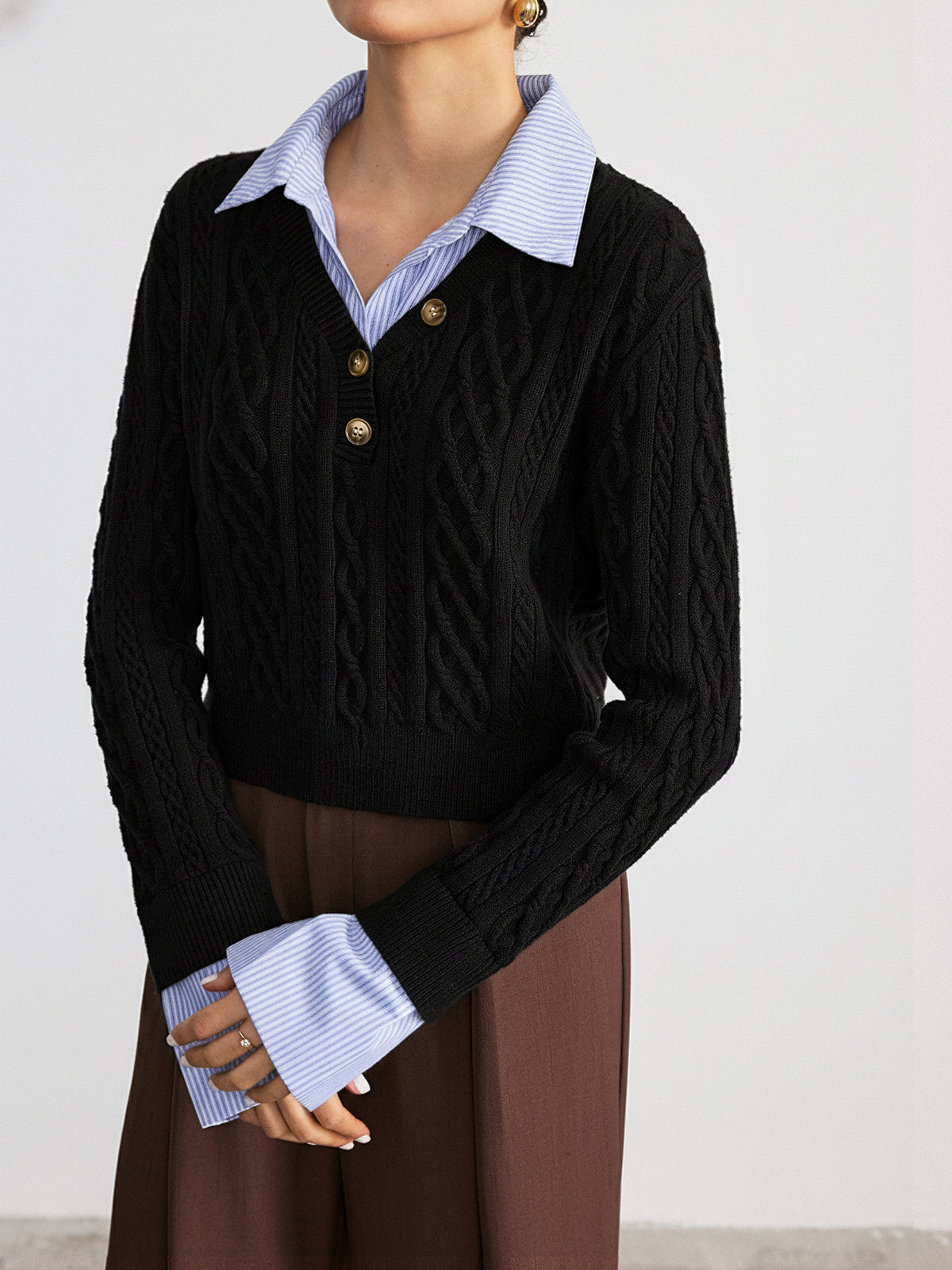 2 in 1 Striped Shirt Panel Cable Knit Top for Women Comfort Fit
