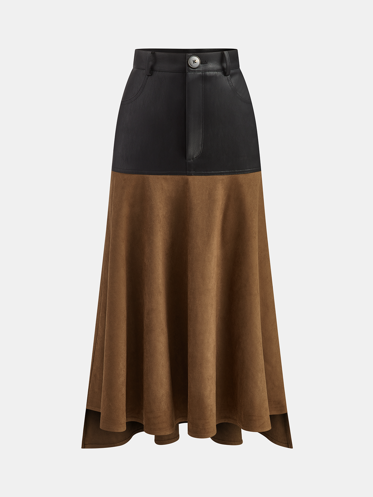 Faux Leather Panel Suede Effect Midi Skirt - Women's Premium Fashion