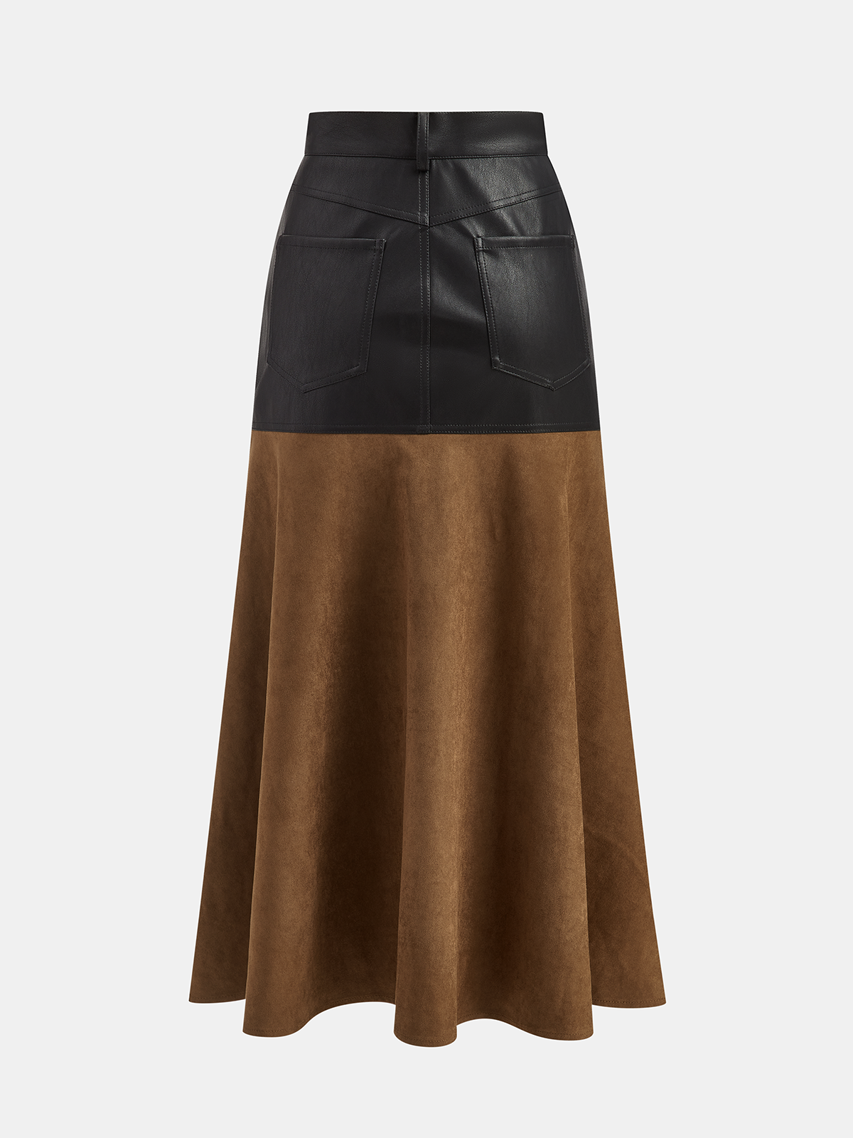 Faux Leather Panel Suede Effect Midi Skirt - Women's Premium Fashion