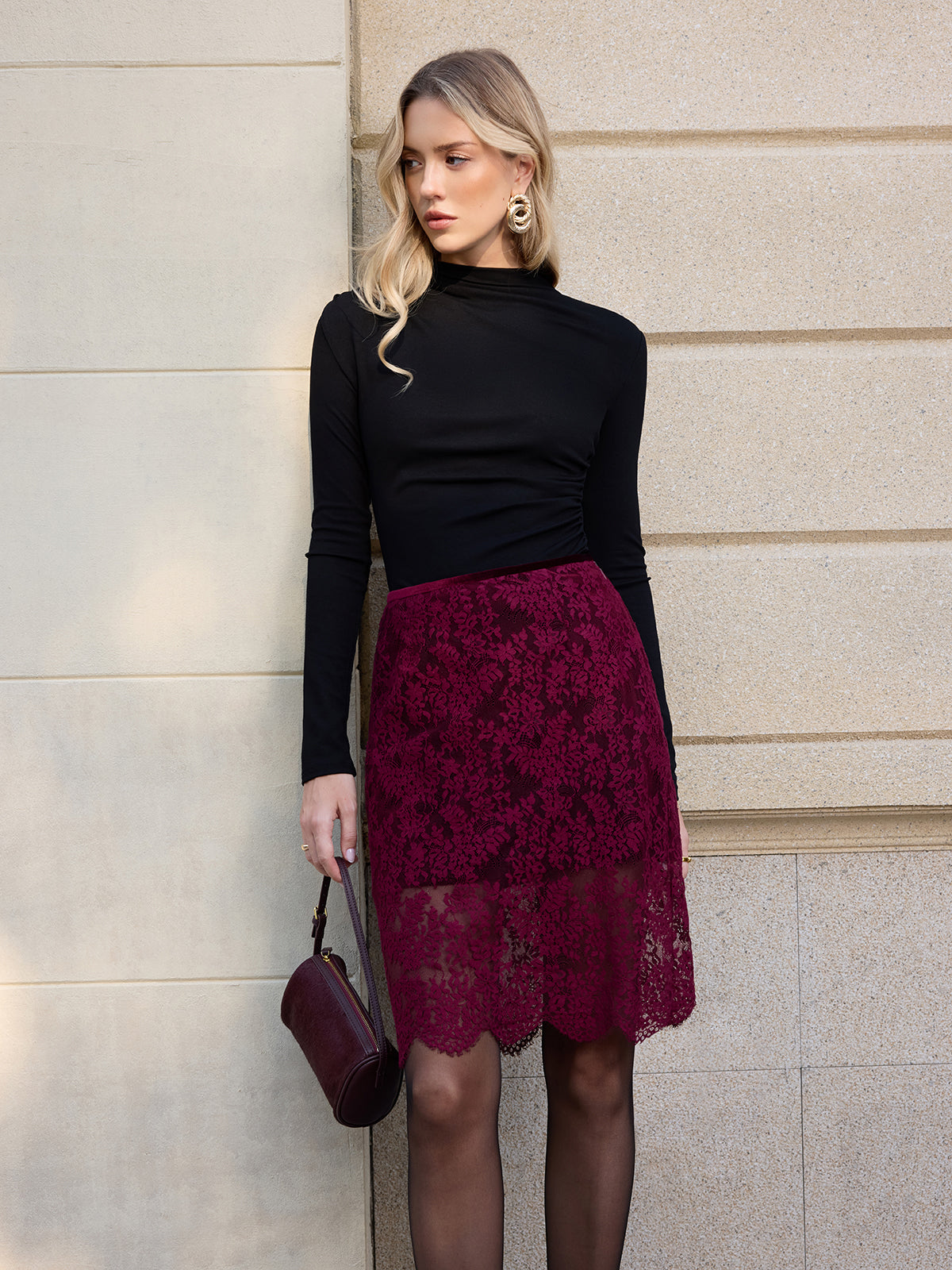 Floral Lace Midi Skirt Women's Elegant Vintage Style