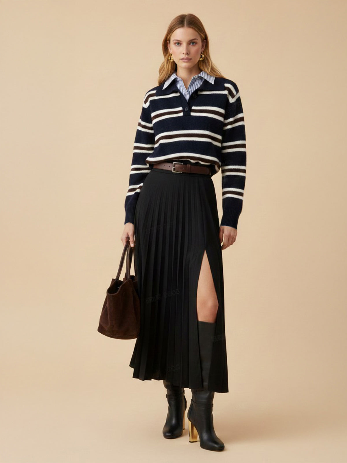 Shirt Panel Striped Polo Knit Sweater Comfortable Casual Fit