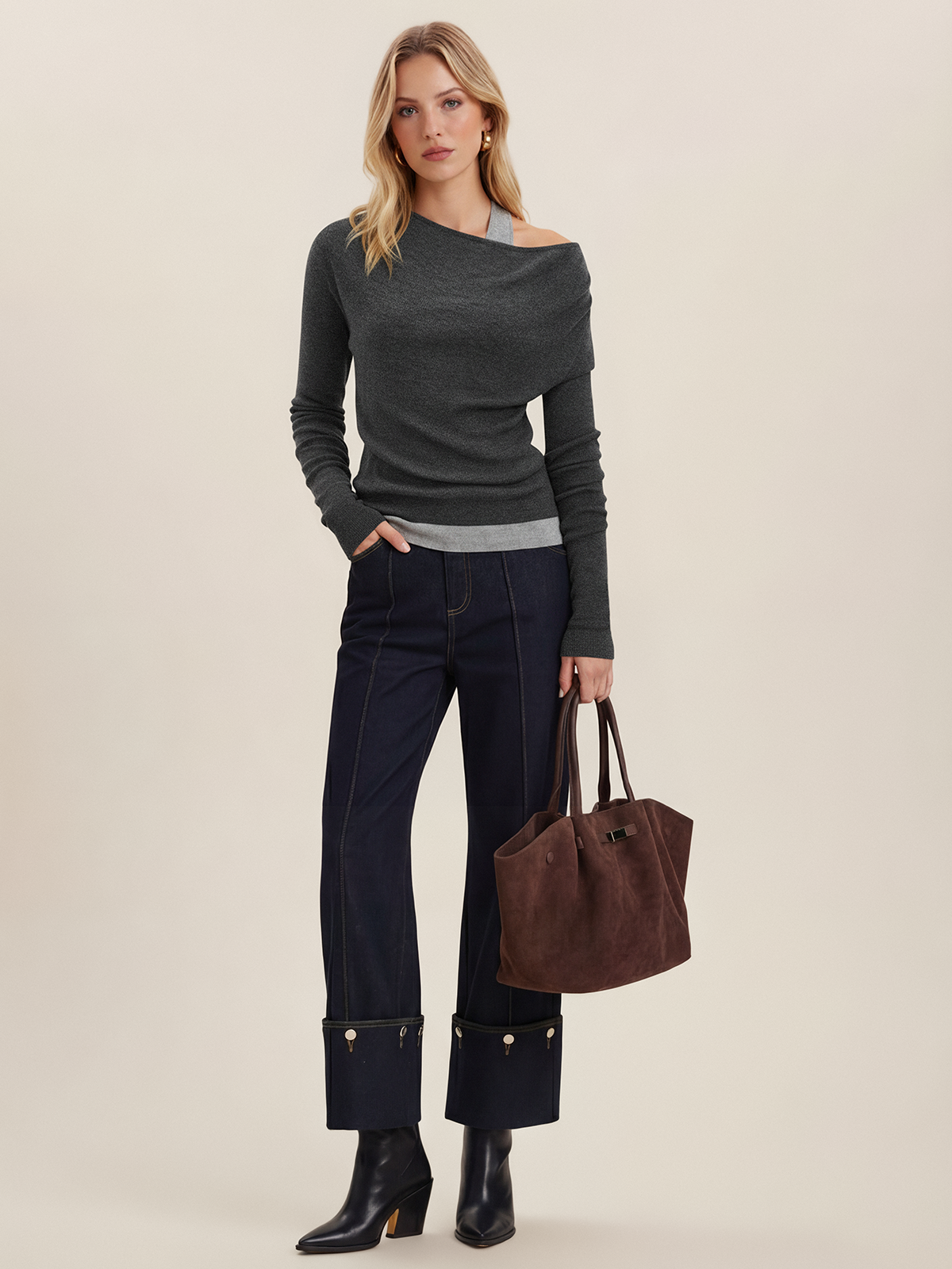 Wool-Blend Asymmetrical Cold-Shoulder Knit Top for Women Layering Essential